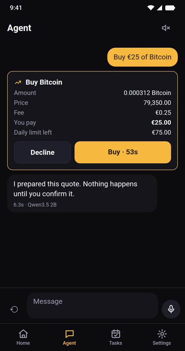 A quote with price, fee and total, with Decline and Buy buttons