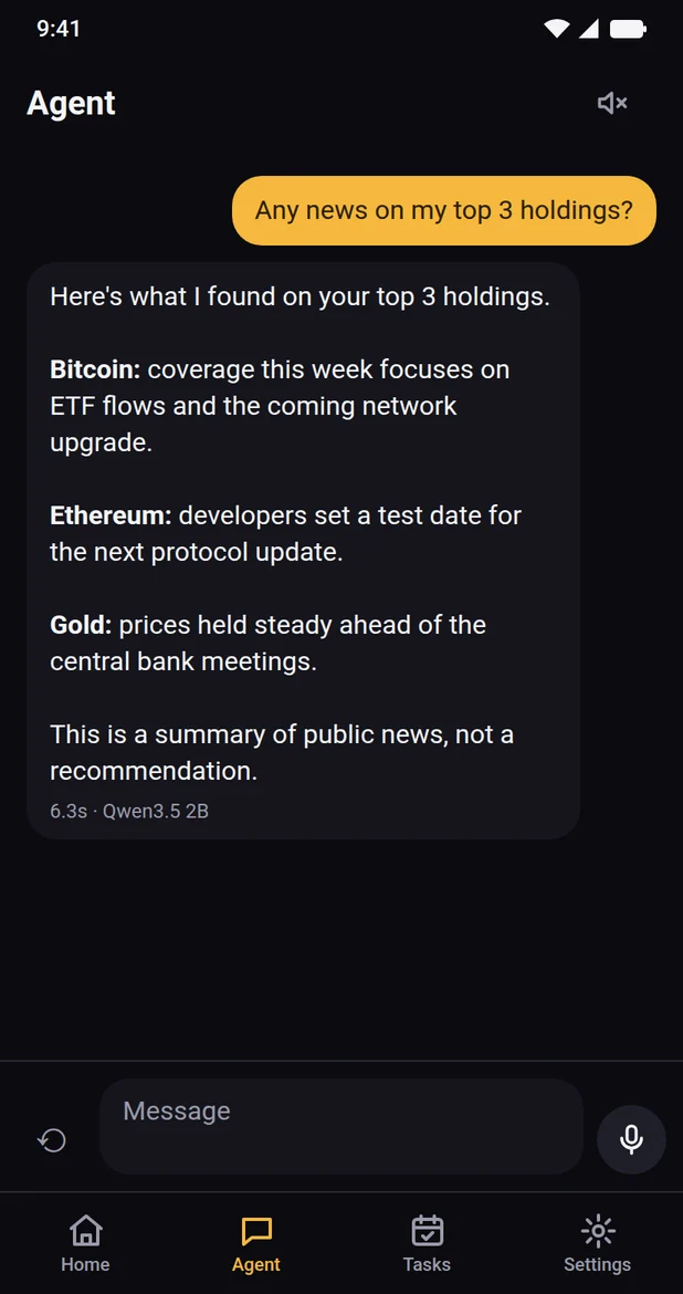The agent summarises news on top holdings